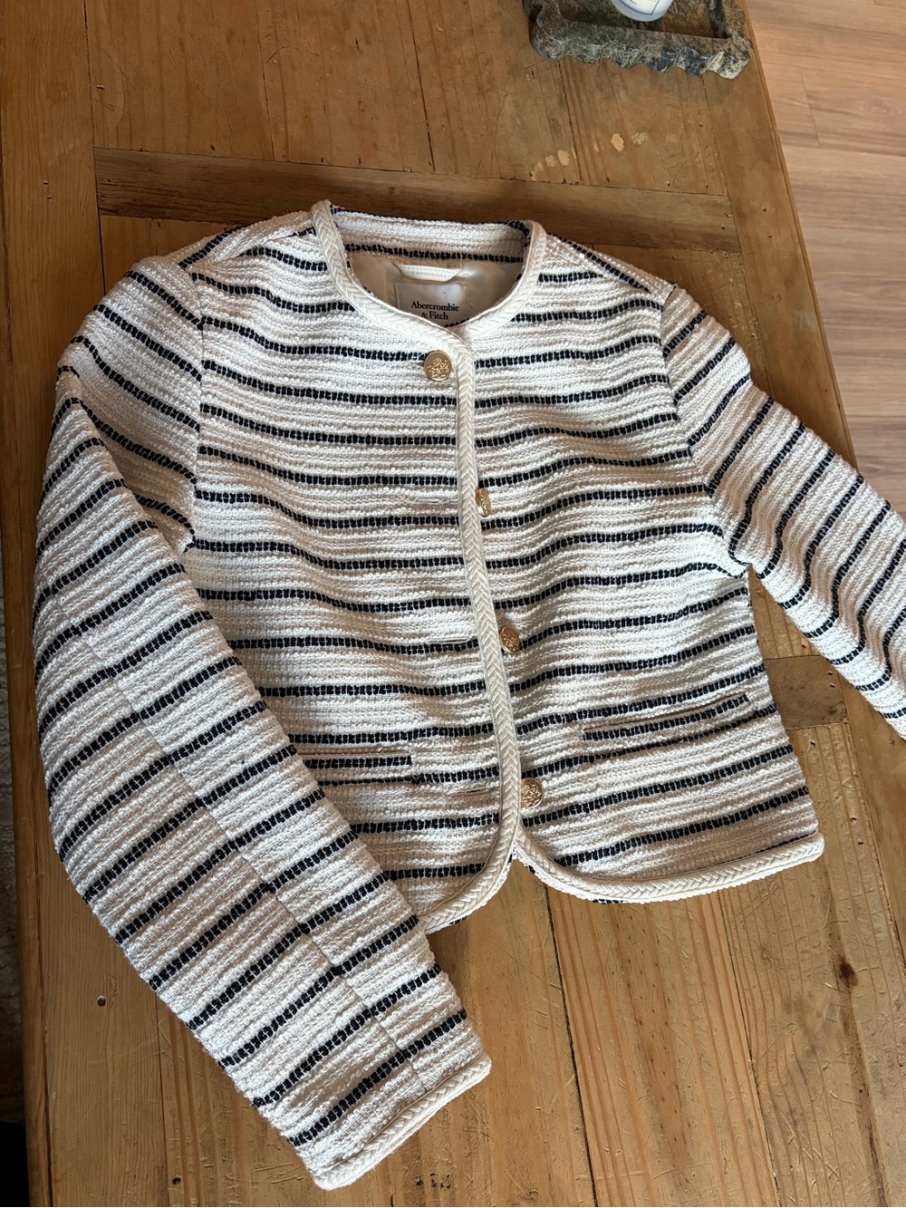 Abercrombie & Fitch Cream and Black Striped Cropped Blazer